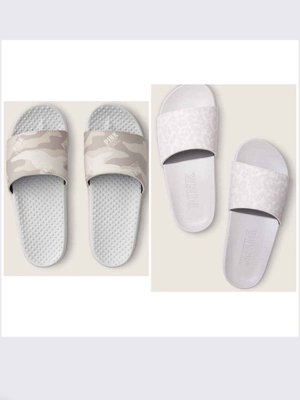 2 VS PINK Camo Single Strap Slide Sandals in Light Taupe and White